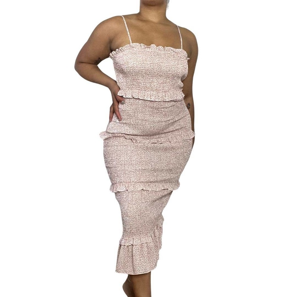 Pink/White Floral Smocked, Ruffled Midi Dress
